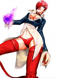 breasts canon_genderswap clothes collar color female female_only front_view hair hair_over_one_eye human iori_yagami king_of_fighters navel_piercing open_eyes piercing purple_eyes red_hair round_ears rule_63 short_hair snk solo white_background