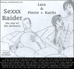 1girls 2003 2boys danny_(artist) female human lara_croft lara_croft_(classic) male monochrome straight tagme threesome tomb_raider