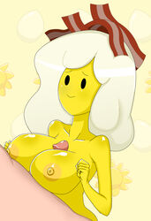 1boy 1girls adventure_time areolae bacon black_bead_eyes black_eyes blush breakfast_princess breasts cartoon_network female female_focus finn_the_human hair_ornament humanoid large_breasts male mob_face nipples nude paizuri partial_male penis sandyrex smile solo_focus straight white_hair yellow_skin