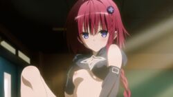 animated blush boots breasts cameltoe classroom clothing female gloves kurosaki_mea long_hair looking_at_viewer official_art one_breast_out purple_eyes red_hair screencap shirt_lift short_shorts shorts shounen_jump small_breasts solo spread_pussy to_love-ru