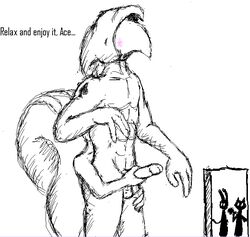 ace_(rq) anthro balls caught caught_in_the_act english_text erection filbert_(rq) furry handjob monochrome muscles muscular penis ruby_(rq) ruby_quest size_difference surprised text tom_(rq) yaoi