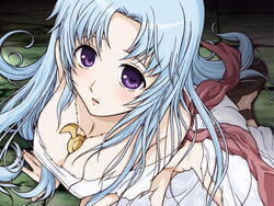 1girls adol_christin between_breasts big_breasts blue_hair breasts clothed feena female kate_sai knees long_hair necklace_between_breasts purple_eyes pussy solo torn_clothes ys