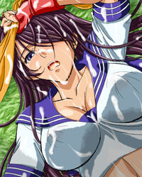 1girls big_breasts blue_eyes cleavage clothed clothing color colored cum cum_in_hair cum_on_breasts cum_on_face cum_on_upper_body female fingerless_gloves ikkitousen kanu_unchou one_eye_covered open_mouth red_fingerless_gloves sailor_uniform semen tagme uniform