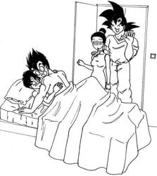 2boys 2girls bed biceps black_hair blush chichi clothes completely_nude completely_nude_female completely_nude_male dragon_ball dragon_ball_z embarrassed father-in-law_and_daughter-in-law father_and_son female goku hair human husband_and_wife in_bed indoors interspecies male monochrome mother-in-law_and_daughter-in-law mother_and_son multiple_females multiple_males muscles muscular_male nude pillow sex son_gohan son_goku straight straight_hair videl