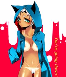 blush breasts clothes color cyan_eyes devil_may_cry english_text female female_only front_view hair hood nipples open_clothes open_eyes rule_63 short_hair solo standing tagme tan_skin tanline tape text vergil white_hair