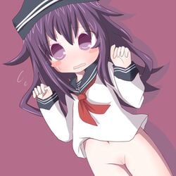 akatsuki_(kantai_collection) blush blush_stickers bottomless dameasu embarrassed female female flat_cap flying_sweatdrops hat kantai_collection long_hair neckerchief open_mouth purple_background purple_eyes purple_hair pussy sailor_collar school_uniform serafuku simple_background solo sweatdrop tears uncensored wavy_mouth