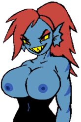 1girls areolae big_breasts blue_skin breasts breasts_bigger_than_head breasts_focus deltarune edit female female_only fish_girl heart-shaped_pupils huge_breasts large_breasts nipples red_hair smile solo solo_female solo_focus topless trickster trickster_(artist) undertale undyne undyne_(deltaglamour) undyne_(deltarune)