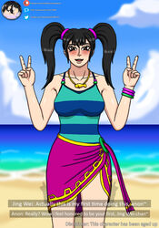 1girls aged_up beach black_hair blush bracelet breasts chinese_mythology dialogue double_v english_text jing_wei_(smite) large_breasts looking_at_viewer necklace ocean open_mouth pool_party_jing_wei sea seaside skirt smite solo summer theobscureone twintails