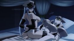 1boy 1girls akame_ga_kill! armor arms_behind_head bed bedroom blue_eyes blue_hair blush chest_tattoo cowgirl_position esdeath_(akame_ga_kill!) happy_sex hi_res high_resolution human incursio inuyachan long_hair nighttime riding sex straight tatsumi_(akame_ga_kill!)