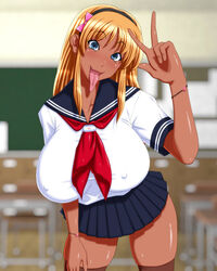 1girls 286c arm_up bangs bitch-san_ga_peace blonde_hair blue_eyes blue_skirt blurry_background blush bow bracelet breasts chalkboard classroom covered_erect_nipples dark-skinned_female dark_skin erect_nipples erect_nipples_under_clothes eyelashes female female_focus ganguro gyaru hairband highres huge_breasts impossible_clothes impossible_clothing impossible_fit impossible_shirt indoors jewelry kogal looking_at_viewer microskirt miniskirt original original_character pink_bow pleated_skirt puffy_nipples school_uniform serafuku shiny shiny_skin shirt short_sleeves skindentation skirt solo thighhighs tight tongue tongue_out uniform v white_shirt