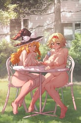 2girls alice_margatroid barefoot big_breasts breasts casual casual_nudity duo exhibitionism feet female female_only marisa_kirisame multiple_girls nail_polish outside pinching_nipples pubic_hair pubic_hair_peek public public_nudity pussy_juice pussy_juice_drip senmura toes touhou yuri