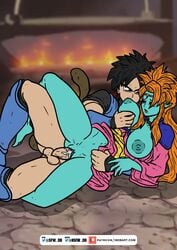 1boy 1boy1girl 1girls balls big_breasts blue_nipples blue_skin breast_grab dbart+18 dragon_ball dragon_ball_gt dragon_ball_xenoverse fan_character female grabbing grabbing_breasts interspecies looking_at_partner male male_saiyan mamba mamba_(dragon_ball_gt) nipple_suck oc open_mouth orange_hair original_character penis puffy_nipples pussy pussy_juice saiyan saiyan_tail sex straight sucking_nipples tongue vaginal_juices vaginal_penetration