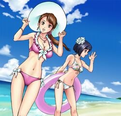 alluring beach bikini black_hair brown_hair cloud day fuuka_igasaki high_res igasaki_fuuka iwa iwa_(artist) kasumi_momochi momochi_kasumi ocean shuriken_sentai_ninninger super_sentai swimsuit voluptuous