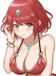 1girls alternate_costume bent_over bikini breasts ear_piercing female female_only huge_breasts light-skinned_female light_skin lipstick looking_at_viewer nintendo orange_eyes pyra red_hair short_hair solo swimsuit taro_(artist) upper_body white_background xenoblade_(series) xenoblade_chronicles_2