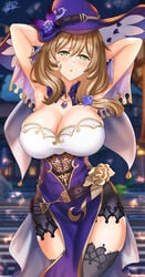 armpits big_breasts blush breasts brown_hair female female_focus female_only flower genshin_impact green_eyes hat lisa_(genshin_impact) necklace nez-box solo_female thighs voluptuous