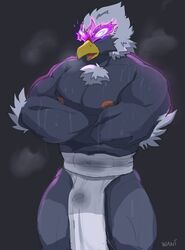 2021 accipitrid accipitriform anthro anthrofied areola avian beak biceps bird black_eyebrows bodily_fluids bottomwear braviary bulge cere_(anatomy) closed_eyes clothed clothing crossed_arms digital_media_(artwork) eyebrows feathers front_view fundoshi genital_fluids grey_background grey_body grey_feathers hi_res hisuian_braviary male multicolored_body multicolored_feathers muscular_thighs nintendo nipples non-mammal_nipples open_beak open_mouth pecs pink_areola pink_nipples pink_tongue pokémon_(species) pokémorph pokemon pokemon_legends:_arceus precum precum_through_clothing purple_body purple_feathers regional_form_(pokémon) shaded signature simple_background skimpy solo tongue topless towel towel_only triceps underwear underwear_only video_games wani_panic water wet wet_clothing white_body white_feathers white_underwear yellow_beak