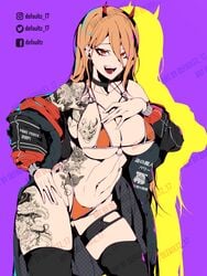 +_+ 1girls abs armpits bikini blonde_hair breasts chainsaw_man cleavage coat defaultz_17 fangs female female_only hand_on_hip highleg_bikini horns looking_at_viewer makeup open_mouth orange_bikini orange_eyes power_(chainsaw_man) sharp_teeth sideboob solo string_bikini tattoo tattoos thick_thighs thighhighs thighs tongue wide_hips