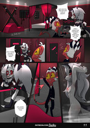 absurd_res bathroom bdsm bed bondage breasts canid canid_demon canine clothed clothing collar comic demon english_text female fingerless_gloves fox fur furniture gesture gloves hair handwear hellhound helluva_boss hi_res hybrid imp inside jizoku looking_at_another looking_at_partner loona_(helluva_boss) male male/female mammal mirror mirror_reflection moxxie_(helluva_boss) mythological_canine mythological_creature mythology notched_ear nude page_11 patreon_username pointing profanity reflection rope shower size_difference smile teenager textrn url white_body white_eyes white_fur young