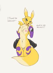 animal_dildo animal_sex_toy anthro armwear bandai_namco bedroom_eyes big_dildo blue_eyes blue_sclera breasts bridal_gauntlets canid cheek_tuft clothing dialogue digimon digimon_(species) dildo dipstick_ears dipstick_tail english_text equine_dildo facial_tuft female finger_to_mouth front_view fur genitals hand_behind_back hi_res holding_dildo holding_object holding_sex_toy innuendo legs_together looking_at_viewer mammal mostly_nude multicolored_ears multicolored_tail narley narrowed_eyes neck_tuft nipples open_mouth pink_nipples portrait pose pussy renamon seductive sex_toy simple_background small_waist solo standing talking_to_viewer text thigh_gap three-quarter_portrait tuft white_background wide_hips yellow_body yellow_fur yin_yang