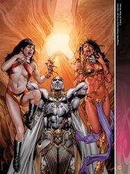 1boy 2girls a_princess_of_mars abs bald barsoom black_hair blood boots crossover dejah_thoris fit_female grabbed_from_behind held_up jay_anacleto john_carter_of_mars large_breasts loincloth long_hair martian medium_breasts muscular_male neck_grab official_art pink_skin rain_beredo revealing_clothes royalty vampire vampirella voluptuous white_skin