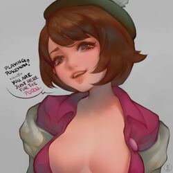 1:1 1girls 2019 absurd_res artist_name beret blue_background breaking_the_fourth_wall breasts brown_eyes brown_hair cardigan cleavage clothing dress english_text female female_only gloria_(pokemon) hat head_tilt highres looking_at_viewer matching_hair/eyes medium_breasts natthelich nintendo open_clothes open_mouth open_shirt pokemon pokemon_ss shirt short_hair simple_background smile solo speech_bubble talking_to_viewer teeth text the_truth unbuttoned_shirt watermark