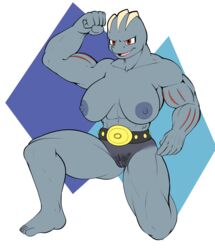 anthro anthro_only big_breasts breasts fangs female female_machoke flexing fours_(artist) genitals hi_res humanoid kneeling machoke muscular muscular_female nintendo nude pokémon_(species) pokemon pokemon_(species) pubes pussy red_eyes simple_background smile solo video_games