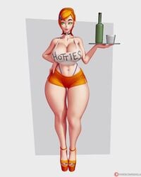 1girls 3d aged_up animated ass ben_10 bottle cartoon_network choker cleavage clothed crop_top dat_ass female glass green_eyes gwen_tennyson high_heels hooters hooters_uniform large_breasts mp4 nail_polish no_sound orange_hair red_hair rushzilla serving_tray short_hair shorter_than_10_seconds shorts solo thick_thighs thong tray turntable_(animation) video waitress wide_hips