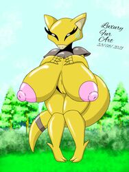 3:4 abra absurd_res animal_humanoid anthro areola big_breasts breasts closed_eyes digital_media_(artwork) female genitals hi_res huge_breasts humanoid hyper hyper_breasts luxury_furart mammal mammal_humanoid nintendo nipples not_furry nude pokémon_(species) pokemon pussy simple_background solo thick_thighs video_games