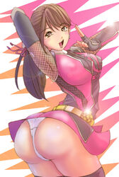 alluring ass blush breasts brown_eyes brown_hair female fingerless_gloves gloves hair_ribbon huge_ass medium_breasts miniskirt momochi_kasumi open_mouth panties ponytail shiny shiny_skin shuriken_sentai_ninninger sig_(sotokanda_delta_force) skirt smile solo super_sentai thighhighs underwear