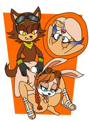 1boy 2girls 2girls1boy ace_the_wolf anthro anus ass bandana bent_over bodily_fluids canid canine color color_edit domestic_dog edit eyelashes ffm_threesome footwear gloves goggles goggles_on_head grabbing grabbing_ass grabbing_from_behind gradient_hair humanoid_penis lagomorph leporid loaf_(texas_toast) lying lying_on_back open_mouth oral oral_sex penetration penis pussy rabbit sandals sex shoes simple_background smile smiling tail texas_toast third-party_edit threesome tongue tongue_out vaginal_penetration wolf