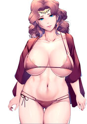 1girls areola_slip areolae arms_at_sides ass_visible_through_thighs bare_midriff bare_shoulders bare_thighs bikini bikini_under_clothes blue_eyes breasts brown_hair circlet collarbone cornelia_arnim cowboy_shot curly_hair curvy female female_only fire_emblem fire_emblem:_three_houses grey_background harihisa head_tilt highres huge_breasts large_breasts lips lipstick long_hair looking_at_viewer mature_female micro_bikini navel nintendo open_clothes open_mouth open_shirt parted_lips pink_lipstick red_bikini red_hair shirt sideboob simple_background solo standing string_bikini swimsuit thigh_gap underboob voluptuous wavy_hair white_background