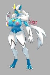 absurd_res anthro areola big_breasts blue_body blue_fur breasts female fur grey_background hi_res legendary_pokémon mayo1nomor1 nintendo nipples pokémon_(species) pokemon simple_background solo the_lost_artist video_games white_body white_fur zacianswords zeraora