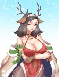 1girls alternate_costume arms_under_breasts bare_shoulders black_hair blue_background breasts brown_eyes cape christmas cleru_(cleruuuuu) collarbone cosplay crossed_arms crossover female female_only fire_emblem fire_emblem_heroes gloves heavy_breathing large_breasts looking_at_viewer manuela_casagranda_(cosplay) manuela_casagranda_(winter)_(cosplay) maya_amano medium_breasts pantyhose persona shoulders smile snow snowing solo