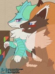 2023 ambiguous_gender bodily_fluids braixen chair furniture generation_5_pokemon generation_6_pokemon genital_fluids genitals hi_res male nintendo penis pokemon pokemon_(species) precum shelf syngie_(artist) zoroark