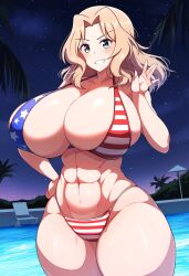 1girls abs ai_generated american_flag_bikini big_breasts bikini breasts female female_only gigantic_breasts girls_und_panzer huge_breasts kay_(girls_und_panzer) long_hair looking_at_viewer mbuscular muscular_female night pool self_upload spyrodragon2003 string_bikini swimming_pool tagme thick_thighs