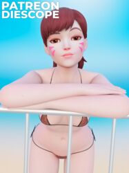 1girls 3d bikini blizzard_entertainment brown_eyes brown_hair d.va diescope face_markings female female_focus female_only hips long_hair looking_at_viewer micro_bikini nipples_visible_through_clothing overwatch petite see-through see-through_clothing see-through_swimsuit side-tie_bikini small_breasts swimsuit