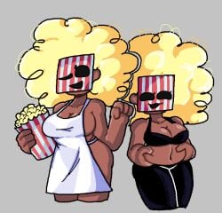 1girls :3 apron arcaned_roses black_bra black_pants blonde_hair cleavage curly_hair dark-skinned_female dark_skin fanart mask mob_face multiple_views naked_apron oc original_character popcorn roses_arcaned tagme tagme_(character) wink yellow_hair