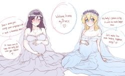 2girls blonde_hair blue_eyes bridal_veil bride dialogue dress fault_milestone female flower_crown flower_in_hair flowers gown hands_on_stomach holding_belly impregnation_request looking_at_viewer married multiple_girls multiple_pregnancies pink_eyes pregnant purple_hair ritona_reighnvhasta selphine_rughzenhaide sitting speech_bubble text veil wedding_dress wedding_veil white_dress wholesome wife_and_wife wives