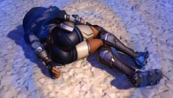 1girls 3d 3d_(artwork) activision alternate_costume anqas_illari armor armored_boots armored_gloves ass_focus big_ass blizzard_entertainment dark-skinned_female dark_skin defeated defeated_heroine female female_only heroine illari_(overwatch) illari_quispe_ruiz latina official_art on_floor overwatch overwatch_2 peruvian_female screencap shorts tapem8