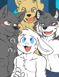 absurd_res black_body black_fur blue_eyes blush blush_lines bodily_fluids canid canine canis dev_(i_think_i_like_you) domestic_dog fangs felid fur furry grey_body grey_fur group hi_res i_think_i_like_you lagomorph leon_(i_think_i_like_you) leopard leporid male mammal muscular muscular_male nervous open_mouth pantherine purple_eyes question_mark rabbit ray_(i_think_i_like_you) saku1saya sky_(i_think_i_like_you) sweat sweatdrop teeth tongue white_body white_fur wolf yellow_eyes