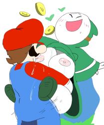 1boy 1girls areolae bandit_(mario) big_breasts blush breasts carrying clothing coin dominant_male dress_lift female forbiddenchees8 male mario mario_(series) mask masked masked_female paper_mario penetration prostitution saliva saliva_trail skirt_lift sucking_nipples