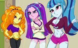 3girls adagio_dazzle aria_blaze belly booty_shorts bracelet centinel303 choker cleavage clothed clothing female long_hair multiple_girls my_little_pony my_little_pony_equestria_girls navel necklace sonata_dusk stockings