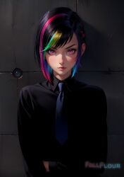 1girls ai_generated black_clothes black_hair black_suit blue_tie fallflour flat_chest grey_background multicolored_hair rainbow_hair red_eyes self_upload solo_female solo_focus stable_diffusion stare suit suit_and_tie tie uniform upper_body wall