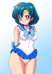 1girls ami_mizuno arms_behind_back bangs bishoujo_senshi_sailor_moon blue_choker blue_eyes blue_hair blue_sailor_collar blue_skirt blush bottomless bow breasts choker cleft_of_venus closed_mouth clothing covered_navel covered_nipples diadem earrings elbow_gloves erect_nipples erect_nipples_under_clothes female female_only gloves gradient gradient_background highleg highres jewelry looking_at_viewer magical_girl microskirt navel parted_bangs pussy sailor_collar sailor_mercury sailor_senshi_uniform sake_gohan short_hair skirt small_breasts smile solo solo_female thighs tiara