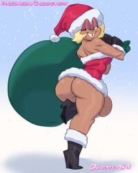 1girls ass bag big_ass big_butt blonde_hair blue_background boots carol_(ok_k.o.!_let's_be_heroes) carol_kincaid cartoon_network chickpea christmas color colored female female_only gloves gradient_background heels holding_bag huge_ass huge_butt looking_over_shoulder ok_k.o.!_let's_be_heroes pinup santa_costume santa_hat short_hair simple_background smile snow snowing tooth_gap