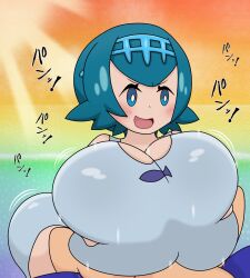 1boy 1girls alolanfirestone alternate_breast_size alternate_version_available beach big_breasts blue_eyes blue_hair blush breasts cleavage clothed_paizuri color engulfing_paizuri female gigantic_breasts happy happy_paizuri happy_sex highres huge_breasts japanese_text lana_(pokemon) large_breasts looking_at_partner nintendo one-piece_swimsuit open_mouth open_smile paizuri paizuri_lead_by_female paizuri_on_lap paizuri_under_clothes penis pokemon pokemon_masters pokemon_sm smile straight sunset swimsuit text