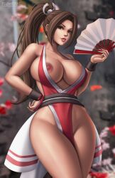 1girls artist_logo big_breasts brown_eyes brown_hair female female_focus female_only flowerxl king_of_fighters kunoichi long_hair mai_shiranui nipples open_clothes ponytail standing tagme thick_thighs tight_clothing uwagi video_game_character