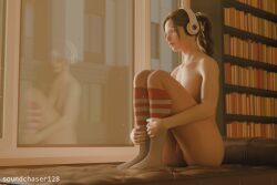 1girls artist_name blue_eyes bookshelf brown_hair claire_redfield glasses headphones indoors kneehighs knees_up kneesocks light-skinned_female naked_socks nude ponytail pussy reflection resident_evil sitting solo soundchaser128 striped_legwear striped_socks window