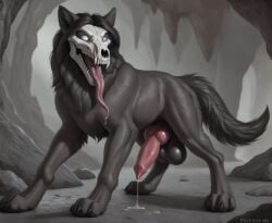 ai_generated angry animal_genitalia animal_penis balls black_body black_fur black_hair bodily_fluids bone canid canine canine_penis canis cave detailed_background dripping dungeon easyfluff_(model) easyfluffv11.2_(model) erection feral fur genital_fluids genitals hair jackalische knot leaking_precum long_tongue mal0 male malo mammal monster muscular muscular_feral muscular_male nude open_mouth paws penis precum precum_drip presenting prompt rock scp-1471 scp-1471-a scp_foundation skull solo teeth tongue underground wolf