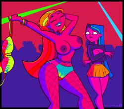 2girls athletic athletic_female busty club duncan_(tdi) female female_focus female_only heather_(tdi) hourglass_figure lindsay_(tdi) multiple_girls owen_(tdi) pills-in-a-little-cup rave rave_outfit rave_party stripping tagme topless total_drama_island trent_(tdi) wide_hips